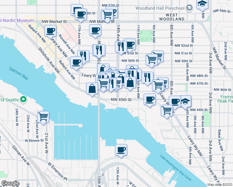 map of restaurants, bars, coffee shops, grocery stores, and more near 1416 Northwest 46th Street in Seattle