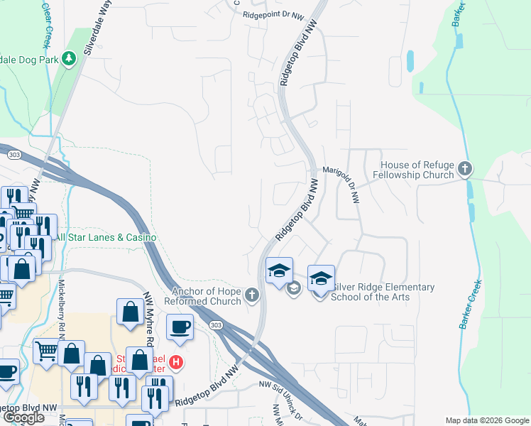 map of restaurants, bars, coffee shops, grocery stores, and more near 11129 Boardwalk Place Northwest in Silverdale