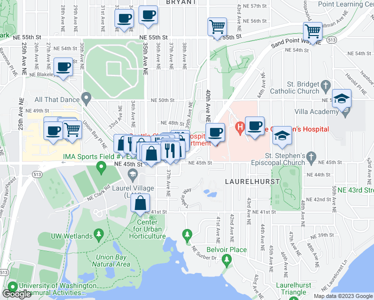 map of restaurants, bars, coffee shops, grocery stores, and more near 4575 Sand Point Way Northeast in Seattle