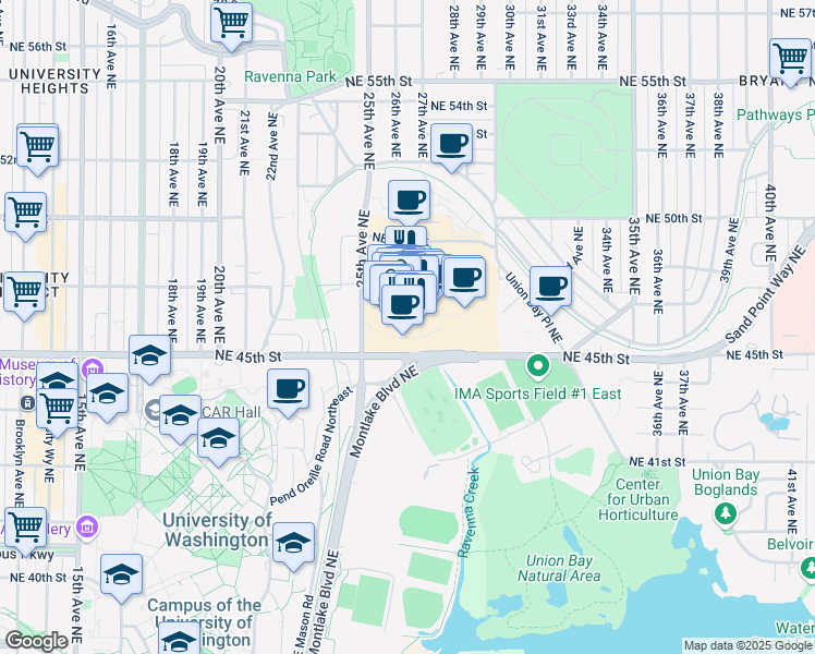 map of restaurants, bars, coffee shops, grocery stores, and more near 4610 Northeast University Village Street in Seattle
