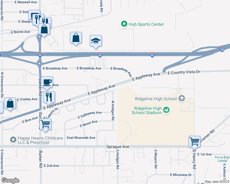 map of restaurants, bars, coffee shops, grocery stores, and more near 518 North Hodges Road in Spokane Valley