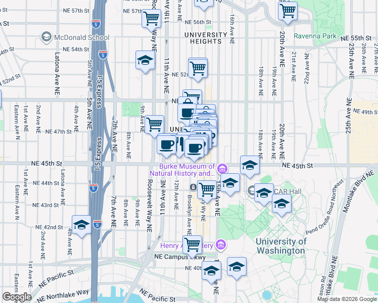 map of restaurants, bars, coffee shops, grocery stores, and more near 4515 Brooklyn Avenue Northeast in Seattle