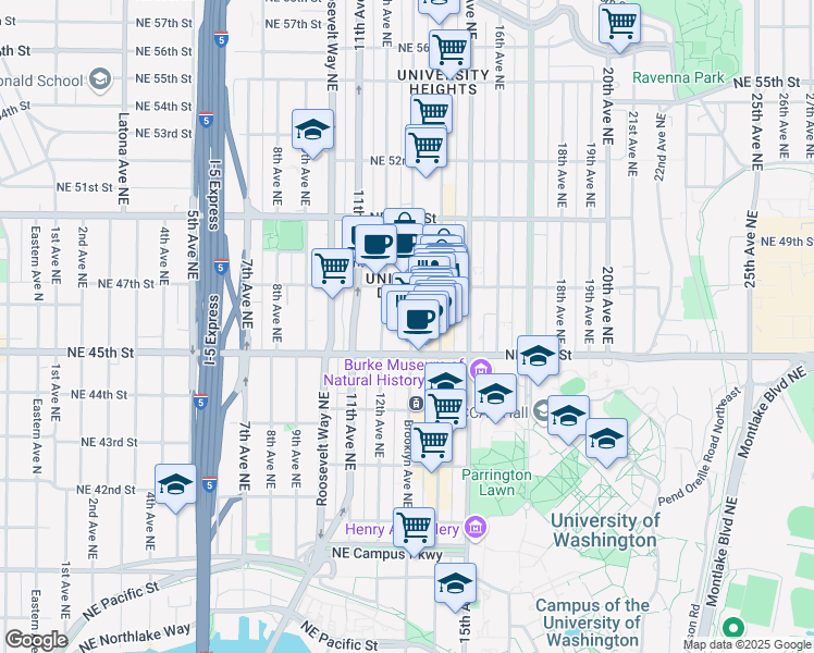 map of restaurants, bars, coffee shops, grocery stores, and more near 4515 Brooklyn Avenue Northeast in Seattle