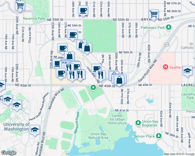 map of restaurants, bars, coffee shops, grocery stores, and more near 4540 Union Bay Place Northeast in Seattle