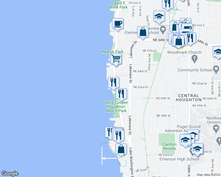 map of restaurants, bars, coffee shops, grocery stores, and more near 6201 Lake Washington Boulevard Northeast in Kirkland