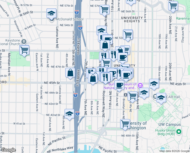 map of restaurants, bars, coffee shops, grocery stores, and more near 4528 8th Avenue Northeast in Seattle