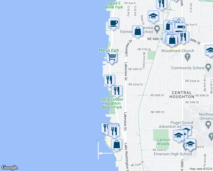 map of restaurants, bars, coffee shops, grocery stores, and more near 6201 Lake Washington Boulevard Northeast in Kirkland