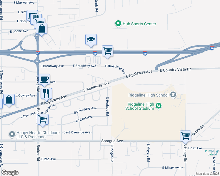 map of restaurants, bars, coffee shops, grocery stores, and more near 518 North Hodges Road in Spokane Valley