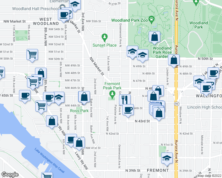 map of restaurants, bars, coffee shops, grocery stores, and more near 4606 Palatine Avenue North in Seattle