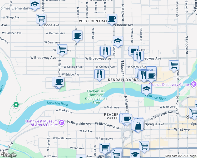 map of restaurants, bars, coffee shops, grocery stores, and more near 1843 West Bridge Avenue in Spokane