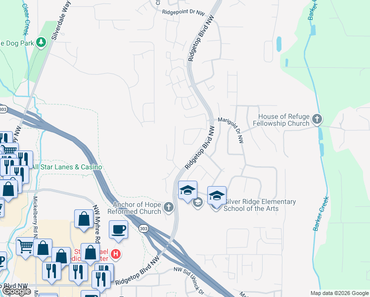 map of restaurants, bars, coffee shops, grocery stores, and more near 11140 Shipside Lane Northwest in Silverdale