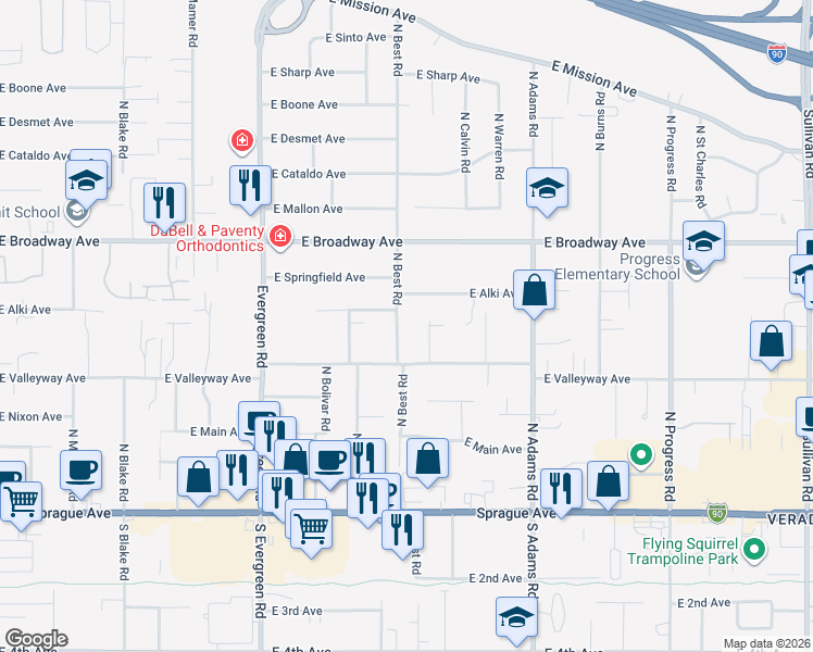 map of restaurants, bars, coffee shops, grocery stores, and more near 523 North Best Road in Spokane Valley