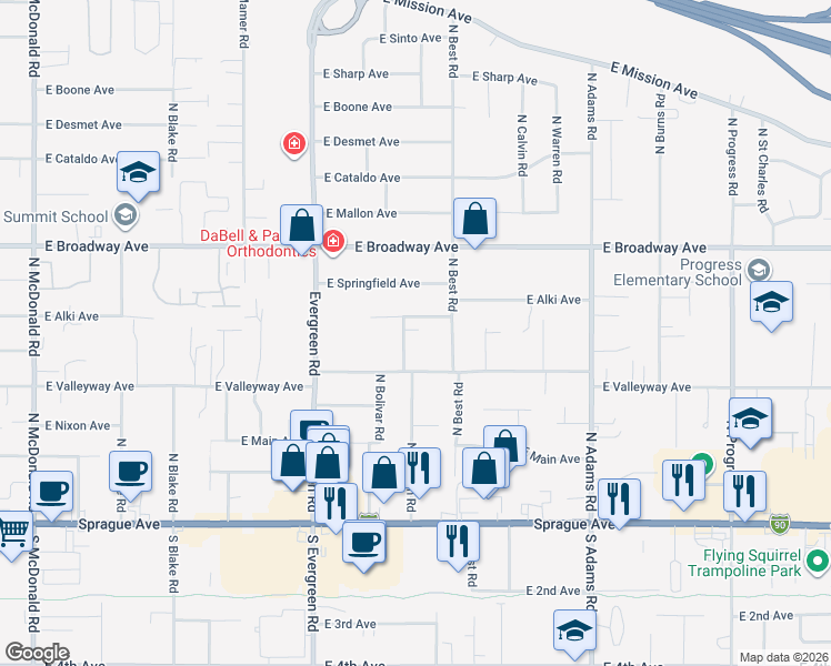 map of restaurants, bars, coffee shops, grocery stores, and more near 520 North Bannen Road in Spokane Valley