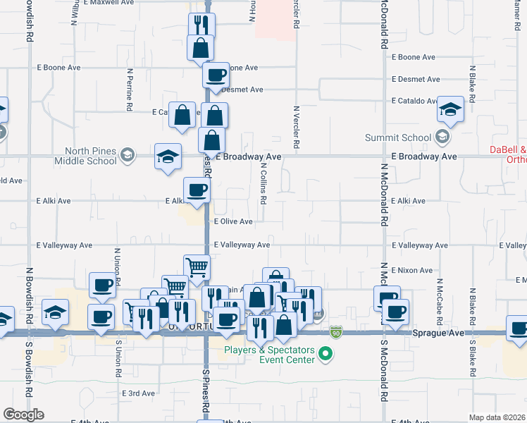 map of restaurants, bars, coffee shops, grocery stores, and more near 603 North Collins Road in Spokane Valley