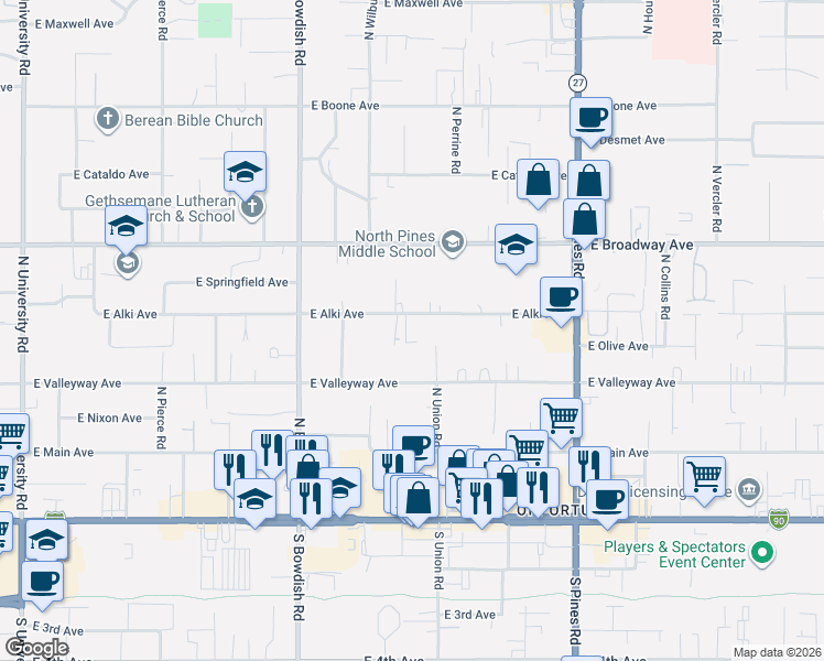 map of restaurants, bars, coffee shops, grocery stores, and more near 11809 East Alki Avenue in Spokane Valley