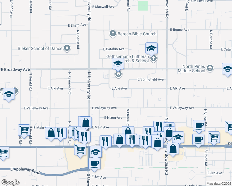 map of restaurants, bars, coffee shops, grocery stores, and more near 519 North Glenn Road in Spokane Valley