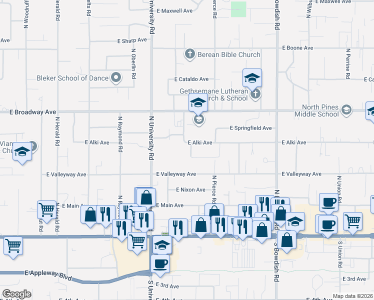map of restaurants, bars, coffee shops, grocery stores, and more near 519 North Glenn Road in Spokane Valley