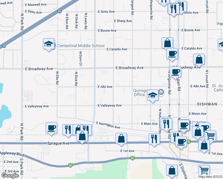 map of restaurants, bars, coffee shops, grocery stores, and more near 8505 East Alki Avenue in Spokane Valley