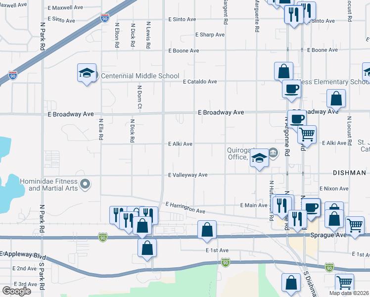 map of restaurants, bars, coffee shops, grocery stores, and more near 8505 East Alki Avenue in Spokane Valley