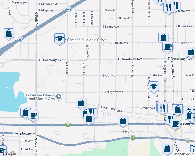 map of restaurants, bars, coffee shops, grocery stores, and more near 8219 East Alki Avenue in Spokane Valley