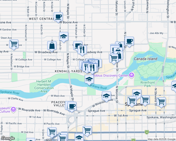 map of restaurants, bars, coffee shops, grocery stores, and more near 500 North Cedar Street in Spokane