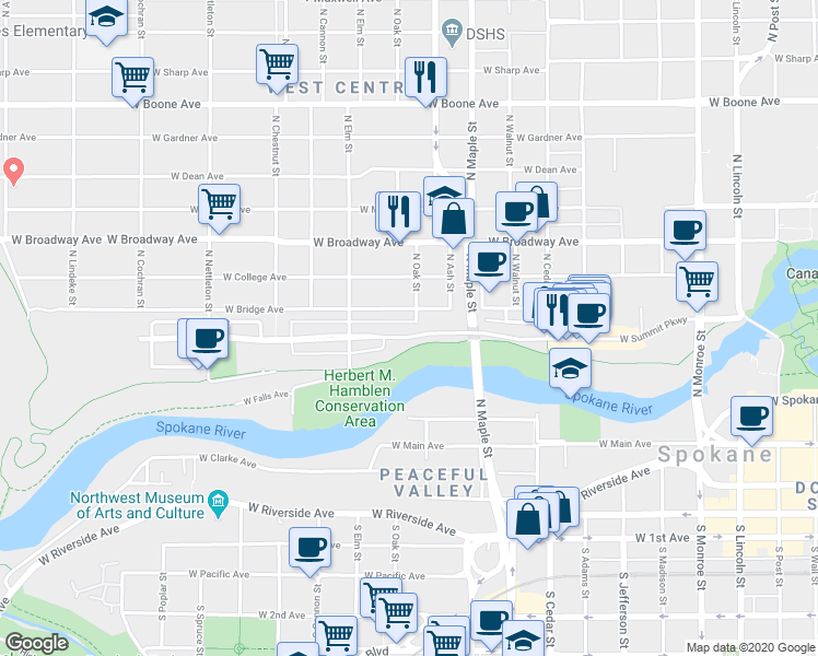 map of restaurants, bars, coffee shops, grocery stores, and more near 1807 West Bridge Avenue in Spokane