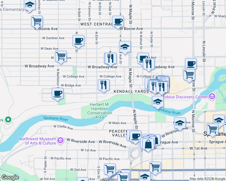 map of restaurants, bars, coffee shops, grocery stores, and more near 1807 West Bridge Avenue in Spokane