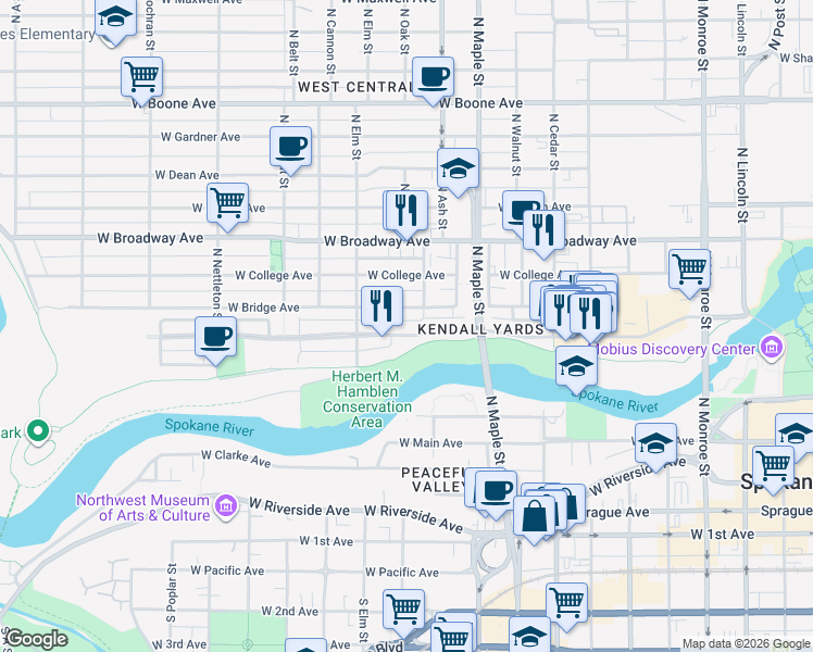 map of restaurants, bars, coffee shops, grocery stores, and more near 1807 West Bridge Avenue in Spokane