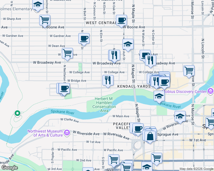 map of restaurants, bars, coffee shops, grocery stores, and more near 1843 West Bridge Avenue in Spokane