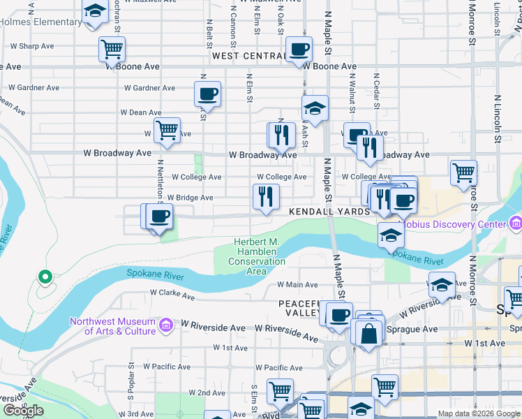 map of restaurants, bars, coffee shops, grocery stores, and more near 1843 West Bridge Avenue in Spokane
