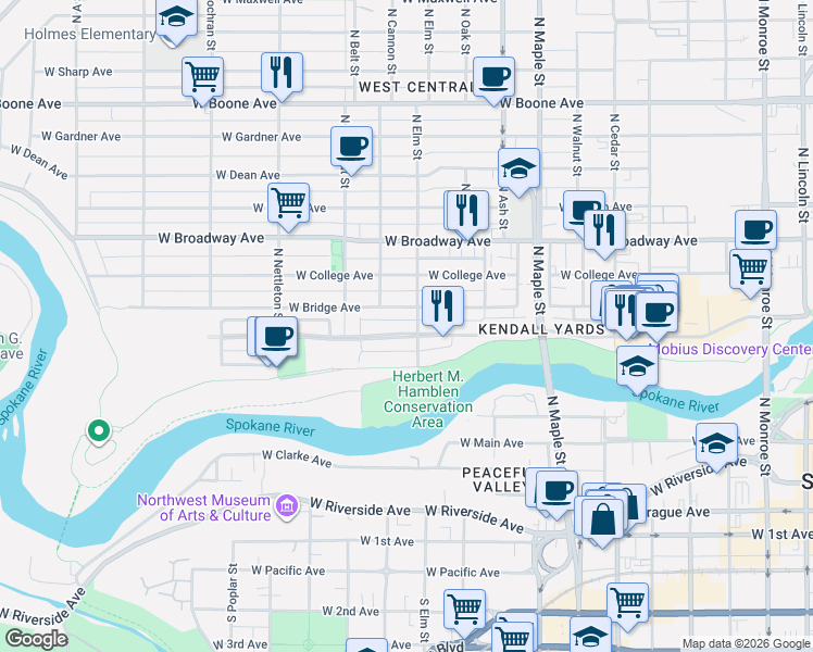 map of restaurants, bars, coffee shops, grocery stores, and more near 1917 West Bridge Avenue in Spokane