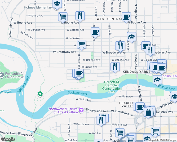 map of restaurants, bars, coffee shops, grocery stores, and more near 2115 West Bridge Avenue in Spokane