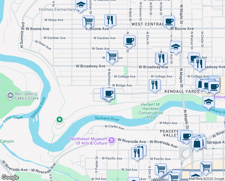 map of restaurants, bars, coffee shops, grocery stores, and more near 2223 West Bridge Avenue in Spokane