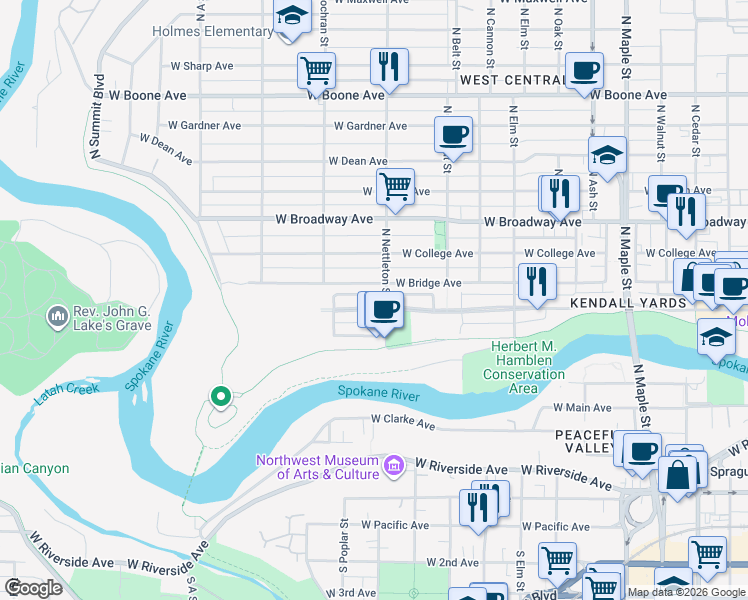 map of restaurants, bars, coffee shops, grocery stores, and more near 2327 West Bridge Avenue in Spokane