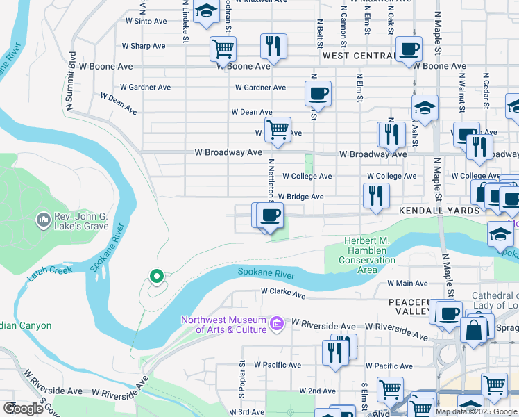 map of restaurants, bars, coffee shops, grocery stores, and more near 2327 West Bridge Avenue in Spokane