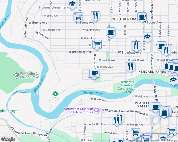 map of restaurants, bars, coffee shops, grocery stores, and more near 2327 West Bridge Avenue in Spokane