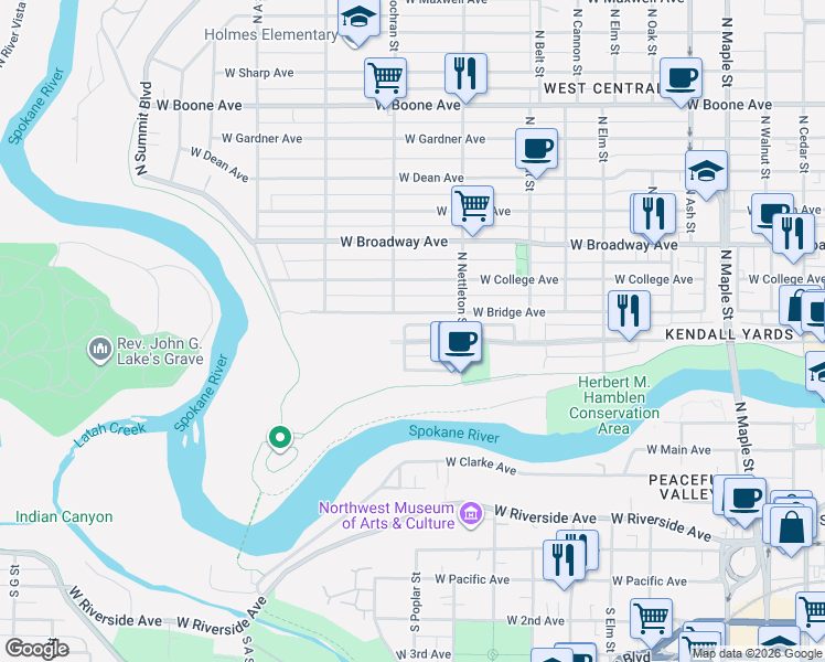map of restaurants, bars, coffee shops, grocery stores, and more near 2432 West Summit Parkway in Spokane