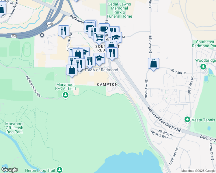 map of restaurants, bars, coffee shops, grocery stores, and more near 6335 180th Place Northeast in Redmond