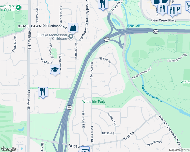 map of restaurants, bars, coffee shops, grocery stores, and more near 15614 Northeast 62nd Court in Redmond