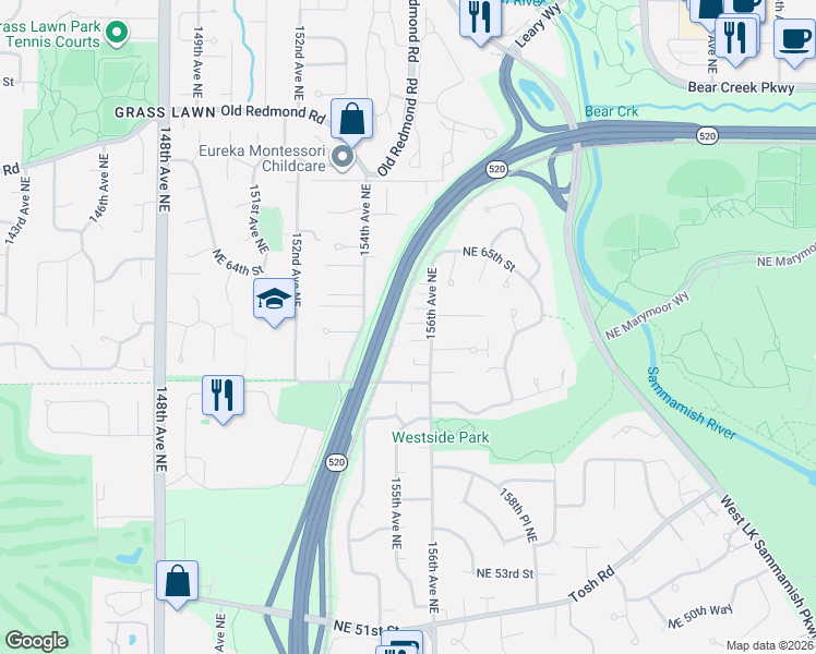 map of restaurants, bars, coffee shops, grocery stores, and more near 6203 156th Avenue Northeast in Redmond