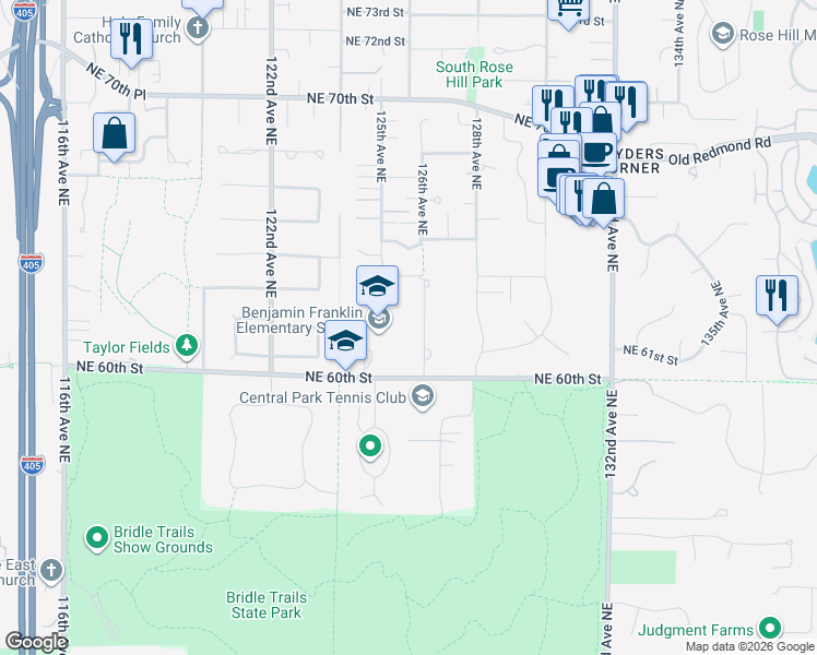 map of restaurants, bars, coffee shops, grocery stores, and more near 6065 126th Avenue Northeast in Kirkland