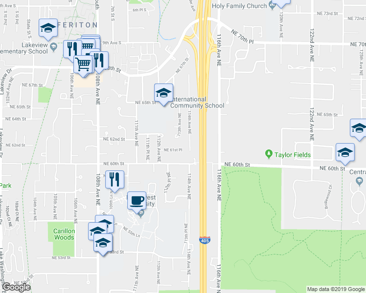 map of restaurants, bars, coffee shops, grocery stores, and more near 6119 114th Avenue Northeast in Kirkland