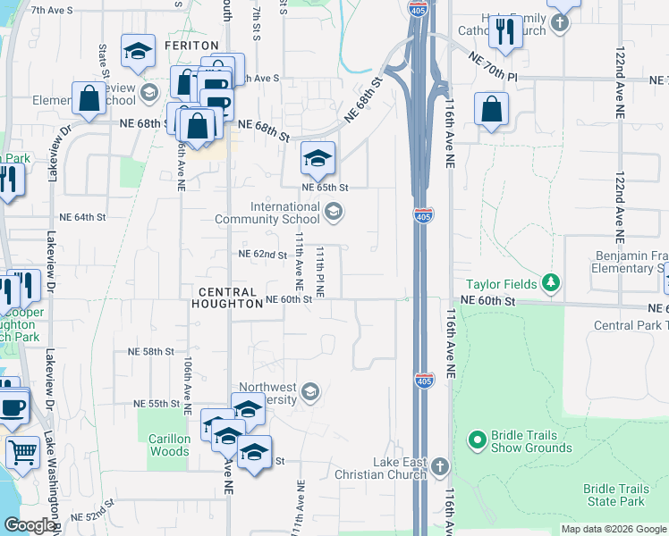 map of restaurants, bars, coffee shops, grocery stores, and more near 6126 111th Place Northeast in Kirkland