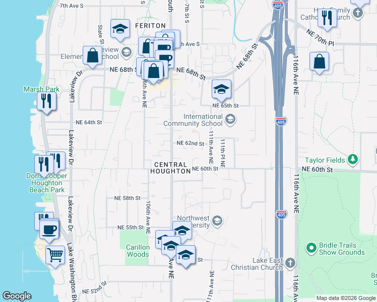 map of restaurants, bars, coffee shops, grocery stores, and more near 10825 Northeast 62nd Street in Kirkland