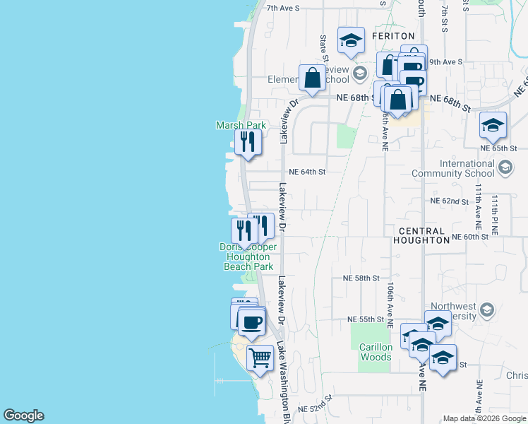 map of restaurants, bars, coffee shops, grocery stores, and more near 6210 Lake Washington Boulevard Northeast in Kirkland