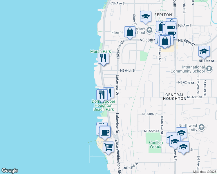 map of restaurants, bars, coffee shops, grocery stores, and more near 6210 Lake Washington Boulevard Northeast in Kirkland