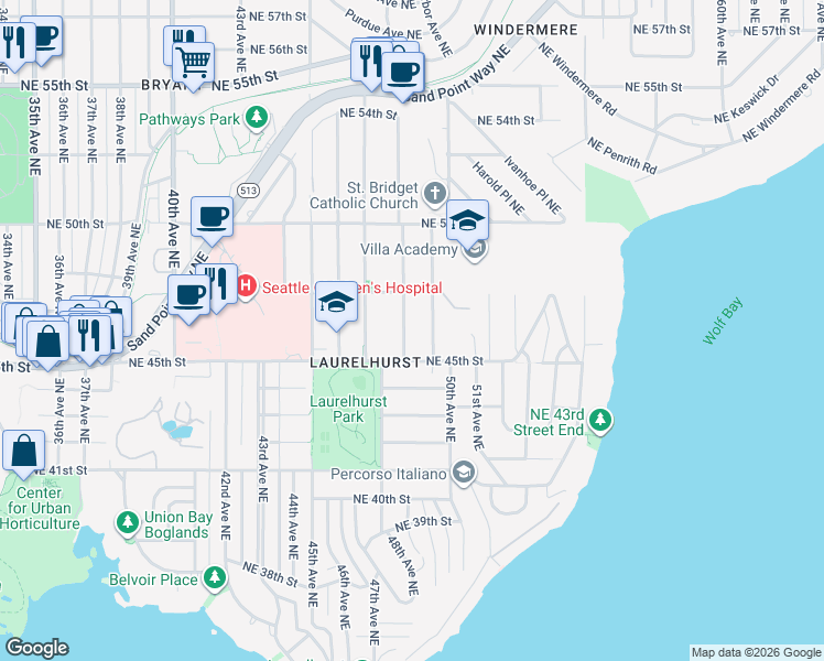 map of restaurants, bars, coffee shops, grocery stores, and more near 4542 48th Avenue Northeast in Seattle