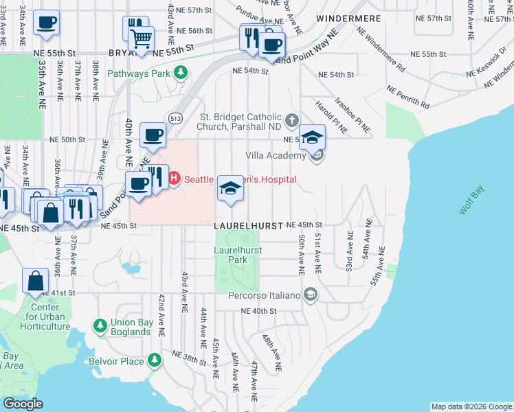 map of restaurants, bars, coffee shops, grocery stores, and more near 4538 47th Avenue Northeast in Seattle