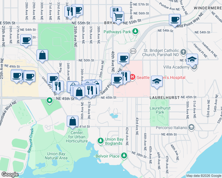 map of restaurants, bars, coffee shops, grocery stores, and more near 4568 Washington 513 in Seattle