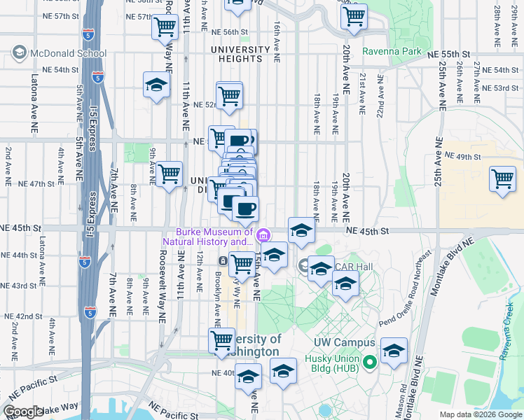 map of restaurants, bars, coffee shops, grocery stores, and more near 4540 15th Avenue Northeast in Seattle